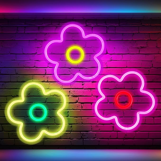 Baquler 3 Pcs Flower Neon Sign Light up Flower Sign Retro Neon LED Lights USB Powered for Wall Decor Window Bedroom Home Girls Birthday Christmas Party Decoration, 9 x 9 Inches(Stylish)