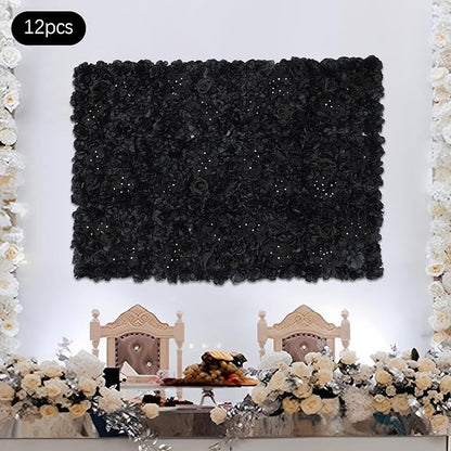 Black Flower Wall Panels, 12Pcs Artificial Roses & Hydrangeas Backdrop with Heavy Texture, Retro Floral Art for Wedding Party Home Decor