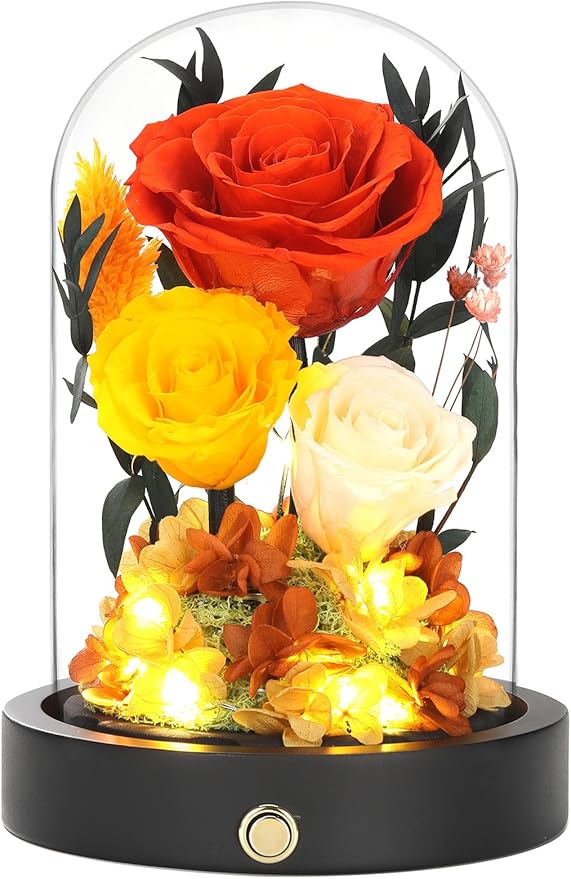 Christmas Flowers Gifts for Women Mom Preserved Roses in Glass Dome, Forever Flowers for Delivery Prime, Real Rose Valentines Day Anniversary Birthday Gifts For Her Mother Wife Grandma Orange