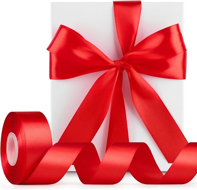 1-1/2 Inch Wide Red Satin Ribbon, 50 Yards Solid Polyester Fabric Ribbon for Roses Making, Gift Wrapping, Christmas, Wedding Decorations, Crafts, Bows