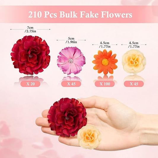 210 Pcs Mini Silk Flower Heads Small Fake Rose Daisy Faux Flowers Bulk for Crafts Artificial 3D Loose Fabric Flowers Heads Sunflower Bulk for Wedding Hair Cap Dresses Decorations (Bright Colors Mixed)
