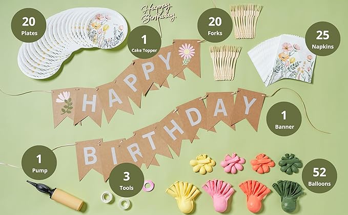 124 PCS Wildflower Party Decorations – Includes Wildflower Balloon Arch Kit, Pump, Banner, Paper Plates, Napkins, Bamboo Forks, and Wooden Cake Topper – Floral Birthday Decorations, Serves 20 Guests