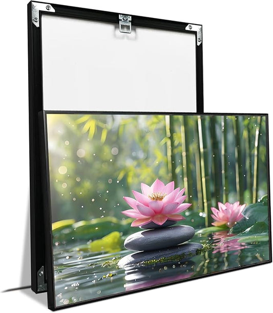 Ethereal pink lotus on obsidian Sunlit bamboo forest with sparkling water drops Poetic nature inspired wall art for tranquil homes and mindful spaces 8x12in Metal blackFramed