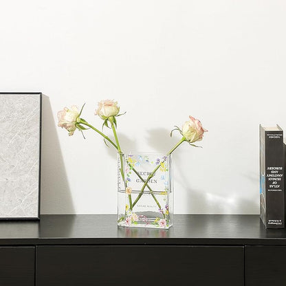 Glass Book Vase, Clear Book Vase for Flowers, Large Glass Vases, Modern Book Shaped Vases for Bedroom, Living Room, Office, Coffee Table, Bookshelf(Garden)