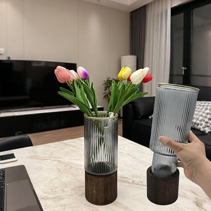 10 Inch Large Artistic Wood Base Glass Cylinder Flower Vase, Ins Modern Boho Water Stripe Style for Home Kitchen Fireplace Office Desks, Houses, Garden Decorations
