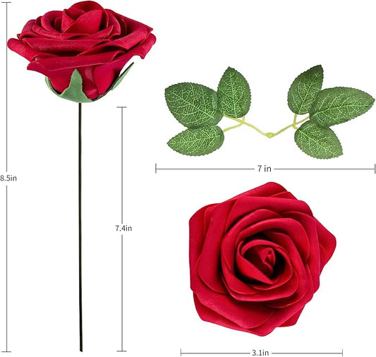 Artificial Flower Foam Rose 25pcs Real Looking Fake Rose with Stems Leaves for Home Decoration Party Garden Centerpieces DIY Wedding Bouquets（Dark Red）