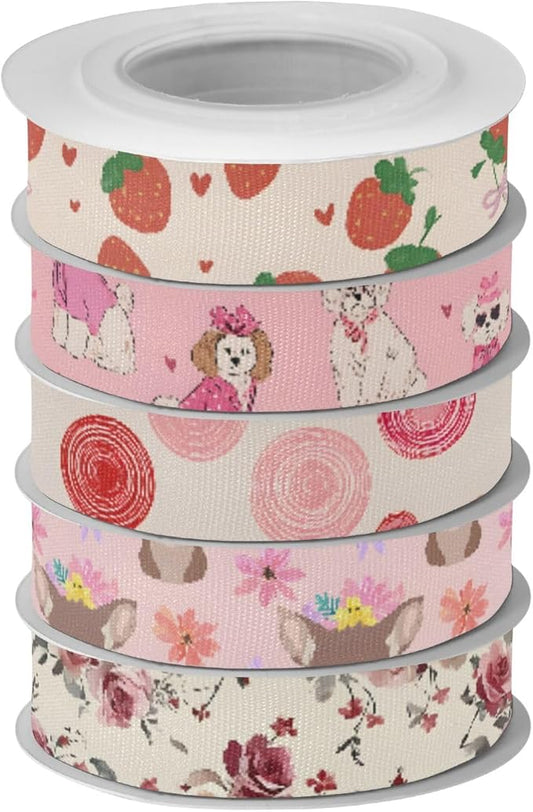 Strawberry Bowknot Fabric Ribbon for Gift Wrapping Crafts Flower Bouquet Wedding Party Decorative Assorted Patterns 5 Yards×5 Rolls