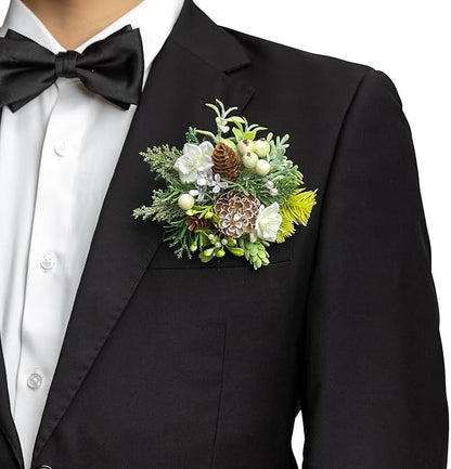 TINGE TIME Single Pocket Boutonniere for Man Groom, Best Man Boutonniere for Wedding, Prom, Homecoming, Anniversary, Graduation, Christmas Dinner (Christmas White)