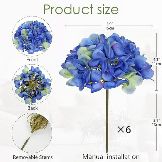 Hollyone 6 Pcs Blue Hydrangea Artificial Flowers Heads with Stems Silk Faux Hydrangea Blue Fake Flowers for Home Indoor Outdoor DIY Floral Wedding Flower Bouquets Kitchen Table Centerpiece Decor
