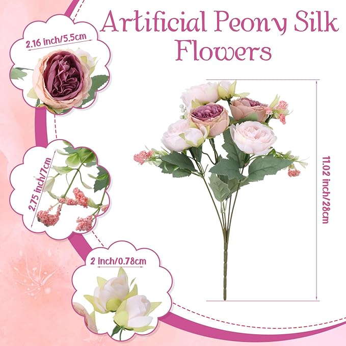 Geosar 24 Bundles Artificial Peonies Flowers Fake Silk Peony Bouquet Faux Peonies Flowers Bulk for Decoration Vase Floral Arrangements Wedding Party Table (Dusty Rose,Champagne Pink)
