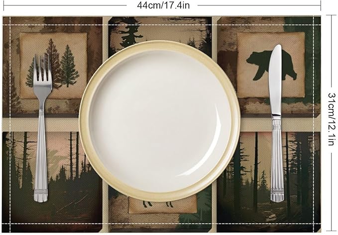 Rustic Lodge Bear Deer Placemats Set of 4, Vintage Cabin Pine Cone Plaid Place Mats, Heat Resistant Non Slip Cotton Linen Dining Table Mats for Home Kitchen Decor 18x12 Inch