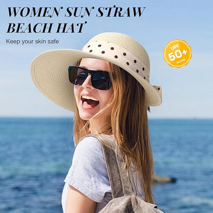 Beach Sun Hats for Women Wide Brim Straw Foldable Beach Hat UV Protection
