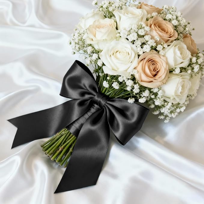 1-1/2" x 25 Yards Satin Ribbon, Black Silk Ribbon Ideal for Gift Wrapping, Floral Bouquets, Crafts, Wedding Party Decorations, Christmas and Sewing Projects