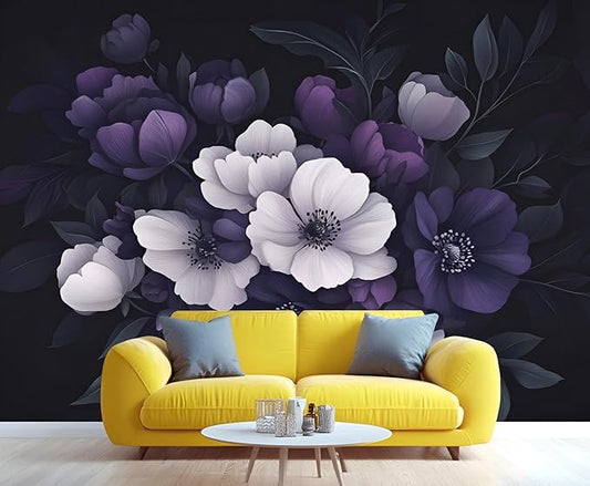 Dark Peony Floral Wall Mural, Purple and Black Flower 3D Wall Murals, Luxury Botanical Wallpaper Mural, for Living Room Bedroom Large Wallpaper Indoor Decor 98.4" W x68.9 H