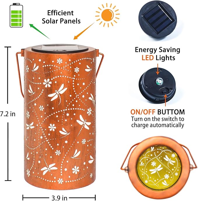 Christmas Gifts for Women Dragonfly Solar Lanterns Outdoor Waterproof Hanging Solar Lights Dragonfly Gifts for Women Men Metal Decorative LED Lanterns for Garden Decor,Yard,Patio,Lawn,Tabletop,Pathway