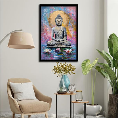 Lotus and golden Buddha meditation tranquil zen wall art mindfulness wall art for spiritual harmony and tranquility decor 16x24in Metal blackFramed