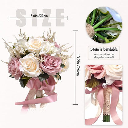 Dusty Pink Wedding Bouquets for Bride Bridesmaid,White Blush Pink Artificial Fake Silk Roses Flowers Bridal Bouquet for Wedding French Vintage Boho Rustic Church Decoration Toss Bouquet (8.6in(M))