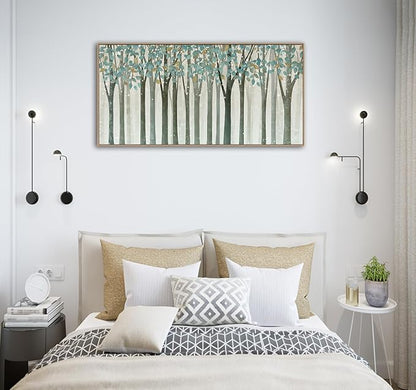 VEAEE Framed Birch Tree Wall Art - Living Room Wall Decor, Abstract Nature Forest Landscape Canvas Pictures, Teal Trees Paintings - Scenic Picture and Modern Home Decor for Bedroom Office 20" x 40"