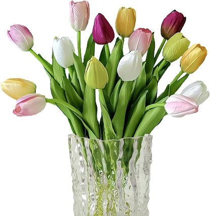 12pcs Tulips Artificial Flowers Real Touch Silk Faux Flowers Tulip Stems for Wedding Spring Bouquet Floral Arrangement Home Party Office Decorations (White Pink Yellow Green)