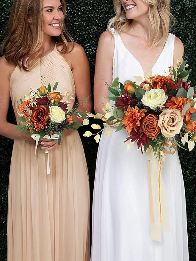 Laelfe 12 PCS Artificial Flowers Roses Silk Flowers Fake Long Stem Artificial Roses for Home Wedding Bathroom Kitchen Decorations(Brown Orange)