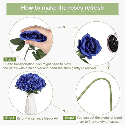 30 Pcs Rose Artificial Flowers in Bulk Real Touch Long Stem Silk Roses Bouquets Realistic Faux Flowers for Wedding Bridal Shower Home Decor Floral Arrangements Table Centerpiece(Royal Blue)