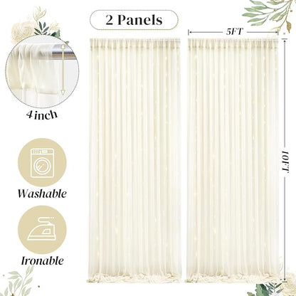 10ft x 10ft Ivory Backdrop Curtain with Lights String for Parties, Sheer Tulle Wedding Photo Backdrops Drapes for Baby Shower Birthday Party Decorations Background for Photography