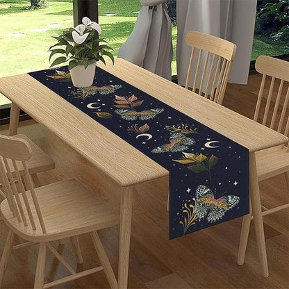 Gothic Moth Table Runner, Boho Gothic Floral Butterfly Sun Moon Mystical Witchy Starlight Coffee Table Center Decor for Home Kitchen Dining Patio Holiday Party Table Decorations 13x108 inches