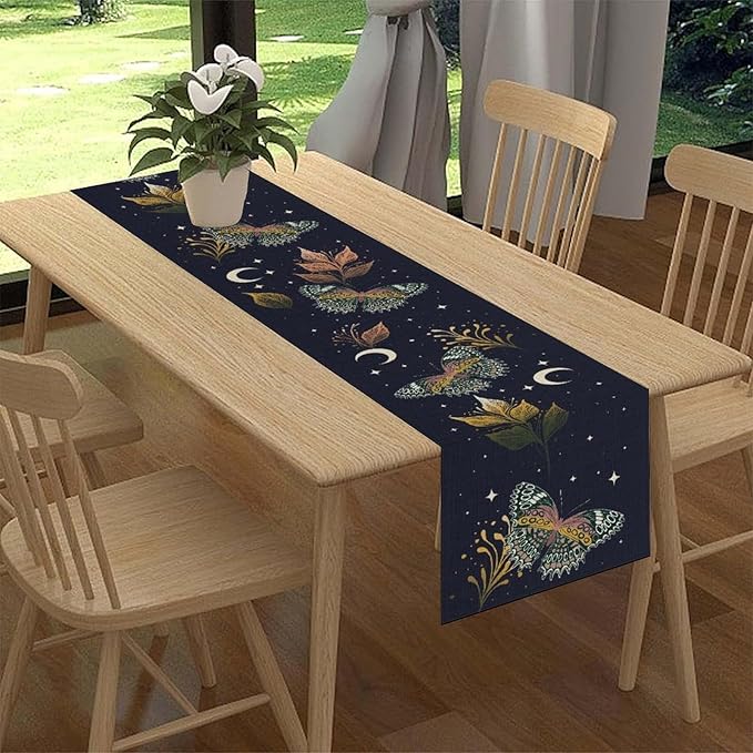 Gothic Moth Table Runner, Boho Gothic Floral Butterfly Sun Moon Mystical Witchy Starlight Coffee Table Center Decor for Home Kitchen Dining Patio Holiday Party Table Decorations 13x36 inches