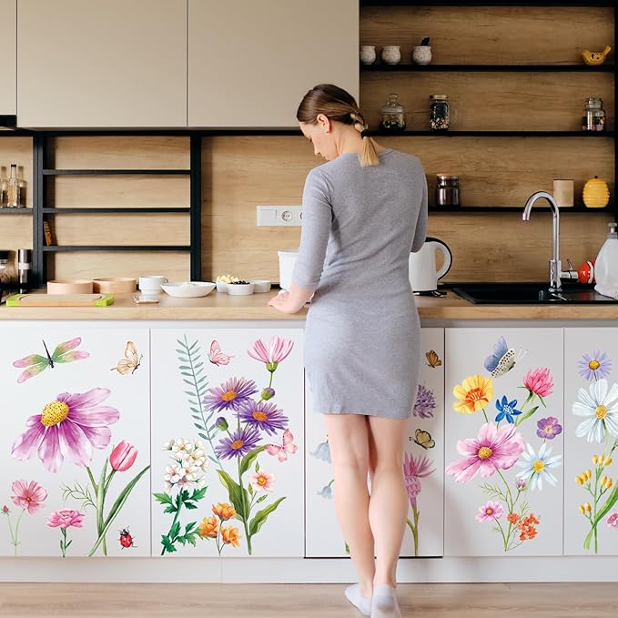 9 Pcs Flowers Wall Decals Peel and Stick, Colorful Wildflower Dragonflies Floral Wall Stickers for Living Room Bedroom Baby Nursery