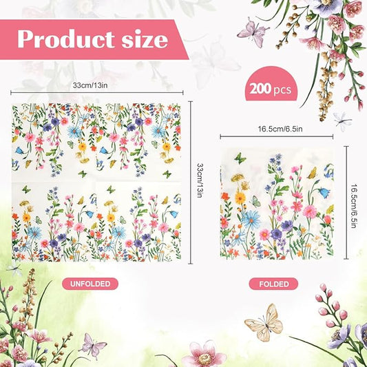 200Pcs Floral Paper Napkin Disposable Bathroom Napkins Guest Spring Flower Paper Napkins Decorative Wild Flower Hand Towels for Bathroom Wedding Birthday Party Baby Shower