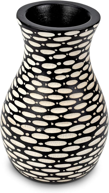 AeraVida Intricate Etched Ovals Mango Wood Vase Dark Brown 6-Inch Handmade Tabletop Flower Holder for Dried or Silk Flowers Rustic Modern Decor Accent for Living Room or Office
