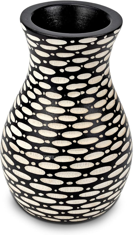 AeraVida Intricate Etched Ovals Mango Wood Vase Dark Brown 6-Inch Handmade Tabletop Flower Holder for Dried or Silk Flowers Rustic Modern Decor Accent for Living Room or Office