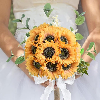 Vintage Artificial Sunflower Flowers 8 Pcs Single Long Stem Silk Fake Fall Sunflowers Bridal Wedding Bouquet Fake Yellow Flower Arrangements for Outdoor