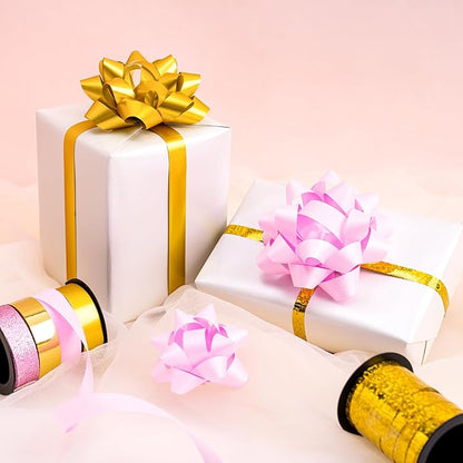 WRAPAHOLIC 16 Pcs Gift Bows Assortment - 14 Multi Colored Assorted Size Gift Bows(Pink, Gold), 2 Crimped Curling Ribbons, Perfect for Holiday, Party