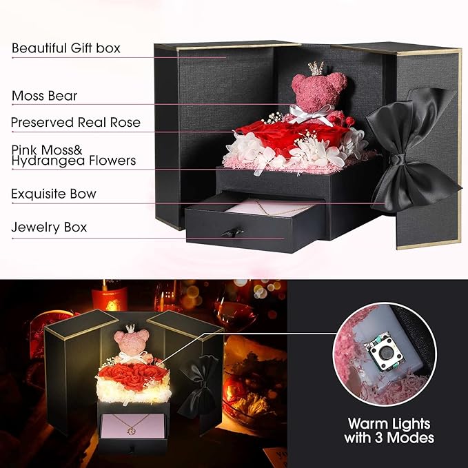 Cute Preserved Real Roses Bear Gift Box for Girlfriend with Initial Necklace H, Unique Birthday Gift for Mom, Her, Grandma, Anniversary Presents for Wife Women