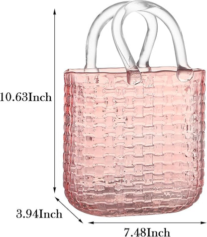 Glass Purse Vase for Flowers, Pink Purse Flower Vase, Large Glass Bag Vases, 10 Inch Handbag Shaped Vases for Home, Living Room, Bedroom, Table, Office Decor