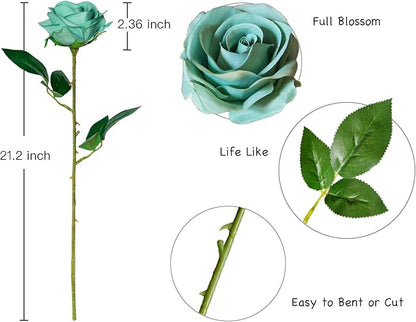 DuHouse 10pcs Fake Roses Artificial Silk Flowers Faux Rose Flower Long Stems Bouquet for Arrangement Wedding Centerpiece Party Home Kitchen Decoration(Dark Teal)