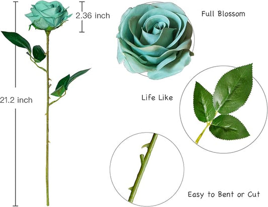 DuHouse 10pcs Fake Roses Artificial Silk Flowers Faux Rose Flower Long Stems Bouquet for Arrangement Wedding Centerpiece Party Home Kitchen Decoration(Dark Teal)