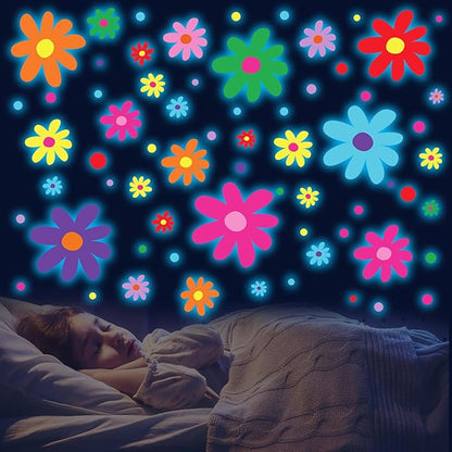 Glow in The Dark Big Daisy Wall Decals，Glowing Luminous Daisy Wall Stickers Colorful Removable self-Adhesive Boho Flower Decals for Girls Bedroom Kids Baby Nursery Living Room Decor