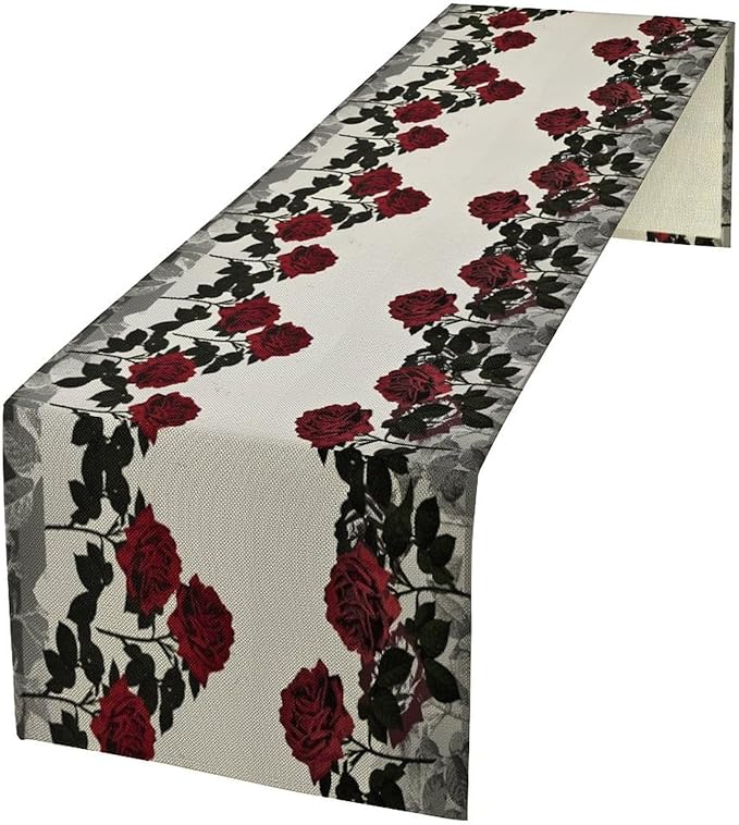 Red Rose Print Table Runner, Romantic Vintage Rose Summer Dark Flower Dinner Runner Table Decoration for Home Kitchen Dining Holiday Wedding Party 13x70in