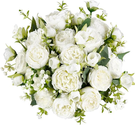 Mkono Peonies Artificial Flowers, Small Silk Flowers for Home Decor Indoor Fake Bouquet Faux Floral Arrangements Dining Table Centerpieces for Kitchen Bridal Wedding Party Decor White