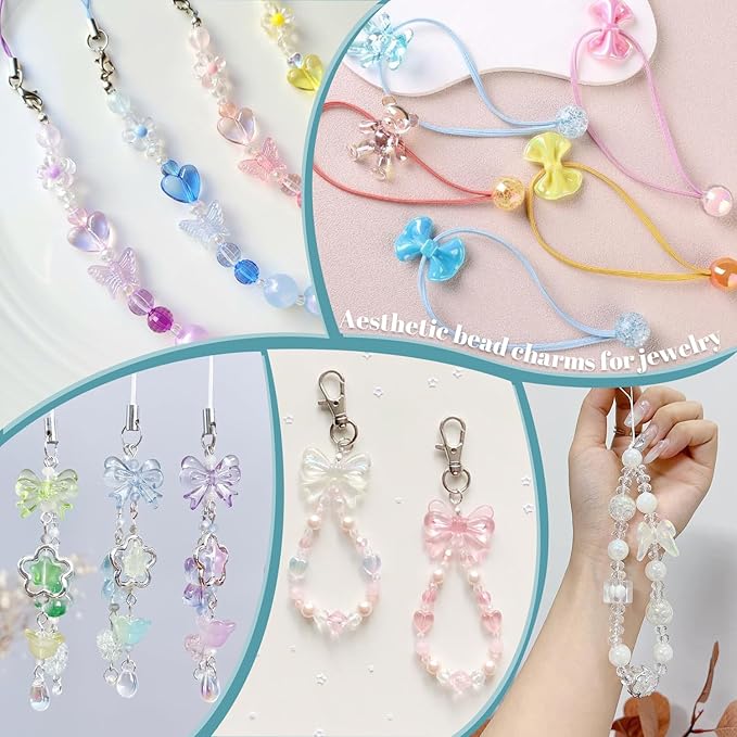 Assorted 200-260PCS Pink Acrylic Beads for Bracelet Making, Flower Bow Candy GummyBear Bracelet Charms,Cute Beads for Jewelry Making DIY Necklace Keychain Phone Charm Christmas Gift