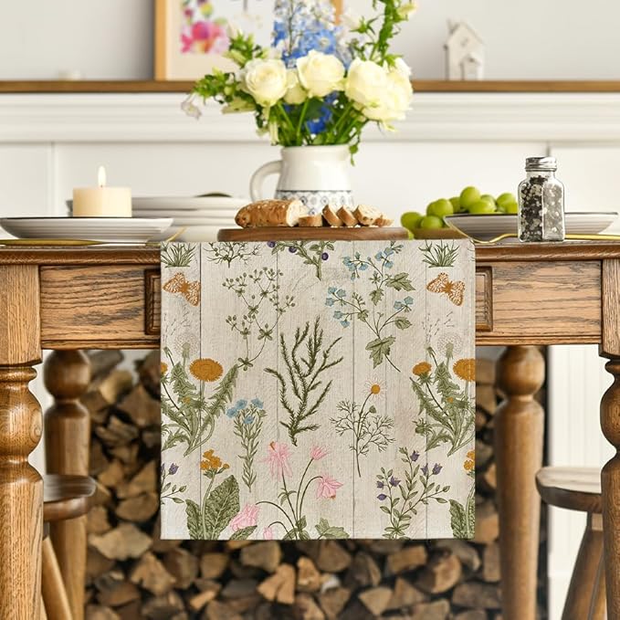 Artoid Mode Wood Wild Flowers Floral Spring Table Runner, Seasonal Summer Kitchen Dining Table Decoration for Home Party Decor 13x120 Inch