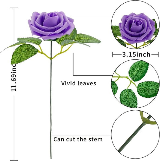 [25PCS] Isquene Purple Roses Artificial Flowers with Long Stem Real Touch Fake Foam Roses for Decoration DIY Wedding Bouquets Centerpieces Bridal Shower Flower Arrangements Home Decor