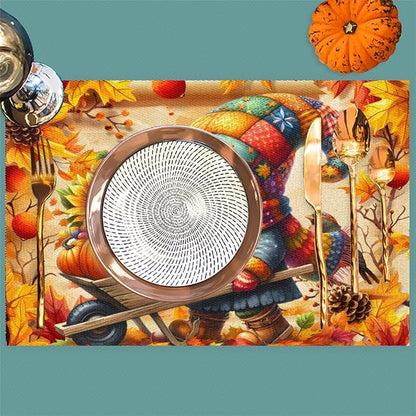 Autumn Gnome Pumpkin Flower Placemats Set of 1 PVC Vinyl Non Slip Table Mats Heat Resistant Place Mats Washable Wipeable Dining Table Mat for Kitchen Decor Party Indoor Outdoor Decorative Gift