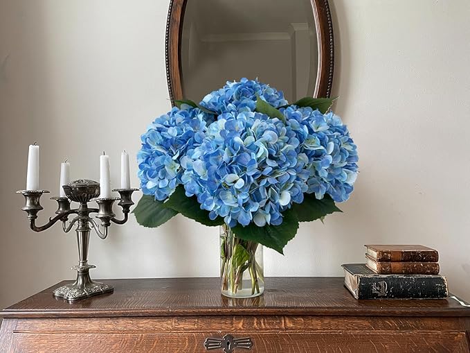 YalzoneMet 4Pcs Blue Silk Hydrangea Artificial Flower Lifelike Big Blooms 20'' Long Stem Faux Hydrangea Flower Bouquets for Home Party Indoor Baby Shower Outdoor Wedding Table Centerpiece Decor