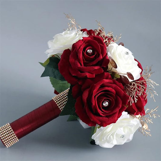 Wedding Bouquets for Bride Bridesmaid, Wine Red White Rose Artificial Flowers Bouquet Bouquet Bride Church Home Decoration