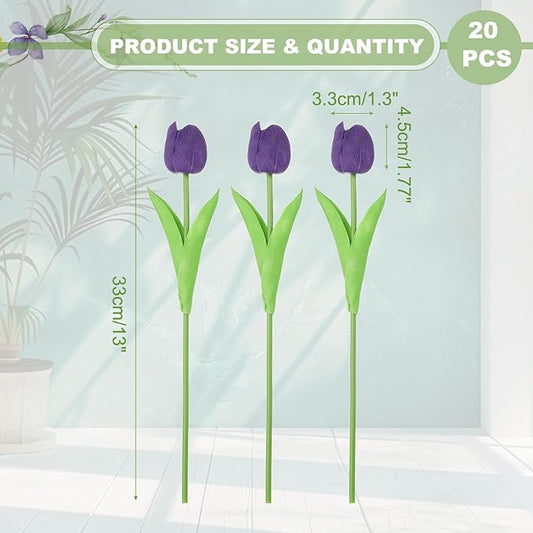 uxcell 20pcs Tulips Artificial Flowers, Faux Flowers Silk Fake Tulip Stems Real Touch for Wedding Bouquet Centerpiece Table Party Decoration(Dark Purple)