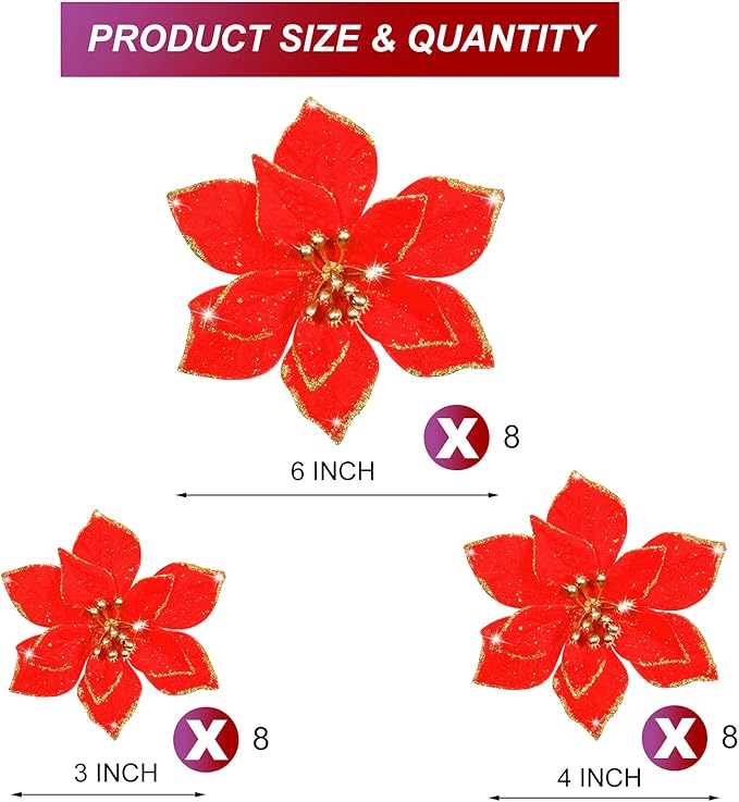 WILLBOND 24 Pcs 3 Size Poinsettia Flower Artificial Christmas Decor Glitter Poinsettia Christmas Ornaments Faux Flowers for Xmas Tree Outdoor(3.2/4/6 Inches,Red)