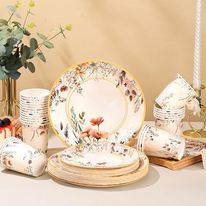 Spring Wildflower Party Decorations,Wildflower Birthday Decorations,Floral Paper Plates and Napkins Sets- Plates,Cups,Napkins,Cutlery for Baby Shower Birthday Bridal Shower Decorations,Serves 24
